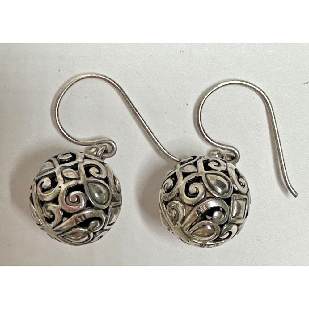 ATI Sterling Silver Earrings Ornate Cut Out Ball Hook 925 IB Scrollwork Filigree
